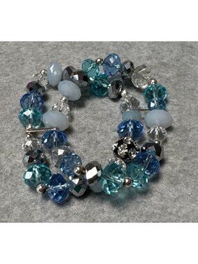 Blue Double Strand Beaded Bracelet Swarovski Crystals & Silver Accents